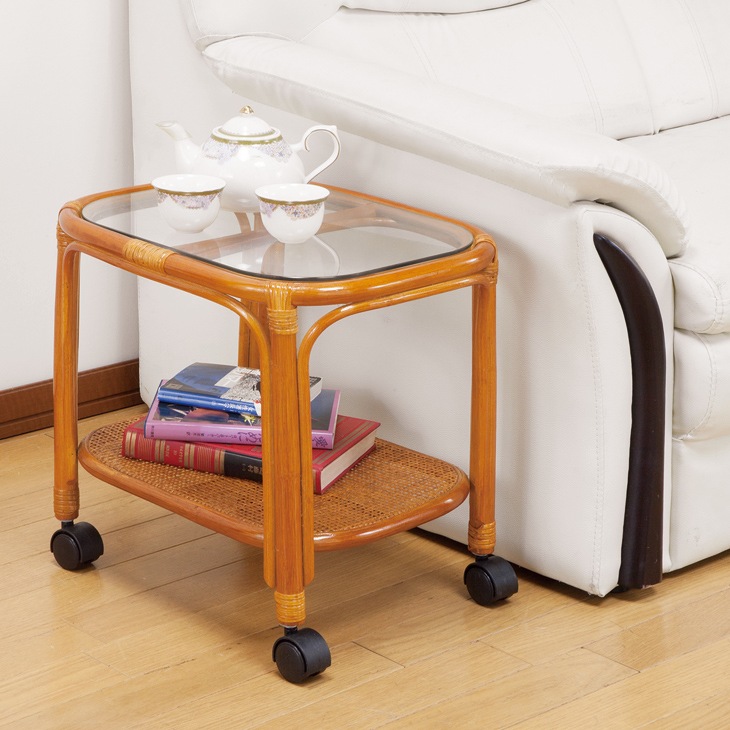天然籐サイドテーブル キャスター付