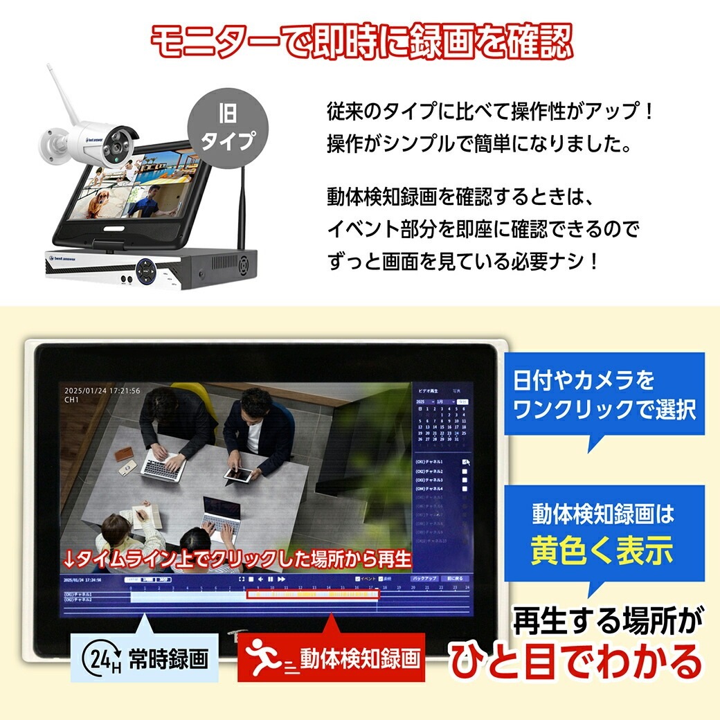 ワイヤレス 防犯カメラ&amp;モニター ワイヤレス防犯カメラ10.1インチモニター＆カメラ4台セット