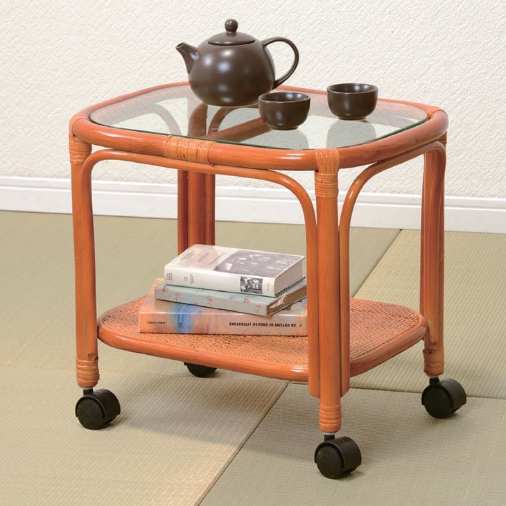 天然籐キャスター付きテーブル