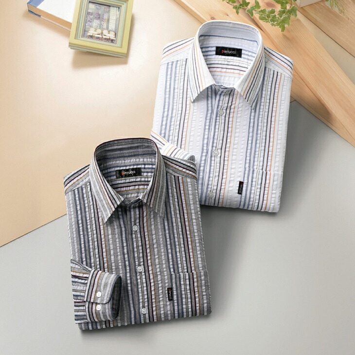 サッカー生地さわやか長袖シャツ2色組