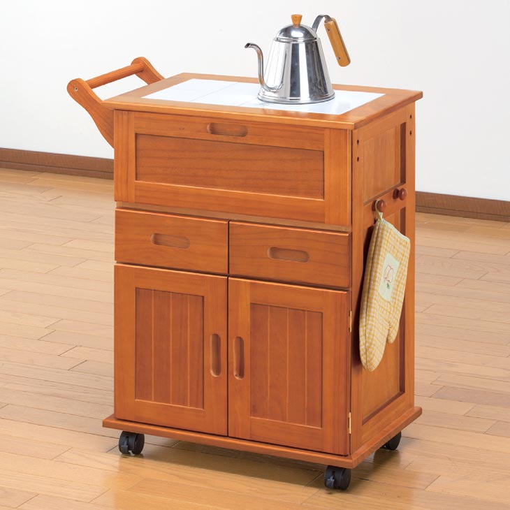天然木フラップ式キッチン収納ワゴン