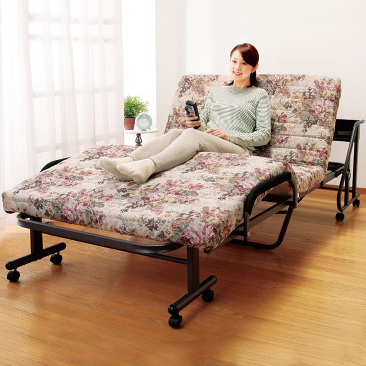 木製棚付き収納式リクライニングベッド 電動タイプ ゴブラン柄 コンセント付き