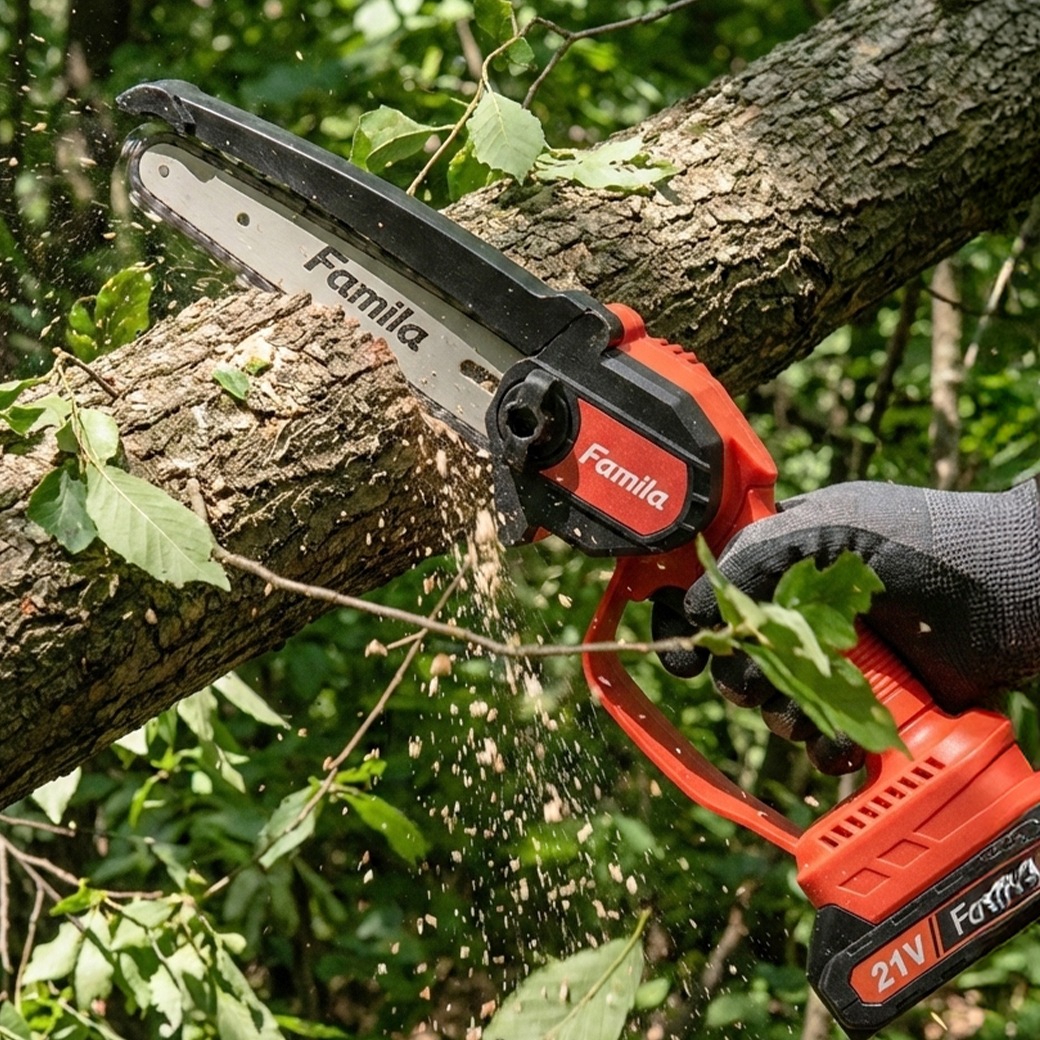 ファミラ 高枝チェーンソー 充電式コードレス2WAY高枝チェーンソー6点セット 予備バッテリー付き