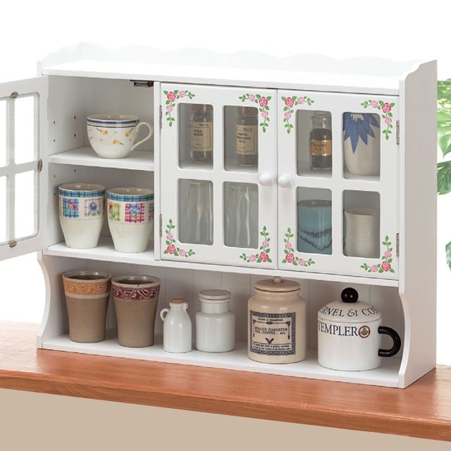 花柄キッチン収納上置きラック　3枚扉　薔薇柄 花柄キッチン収納上置きラック 3枚扉｜ファミリー・ライフ公式通販
