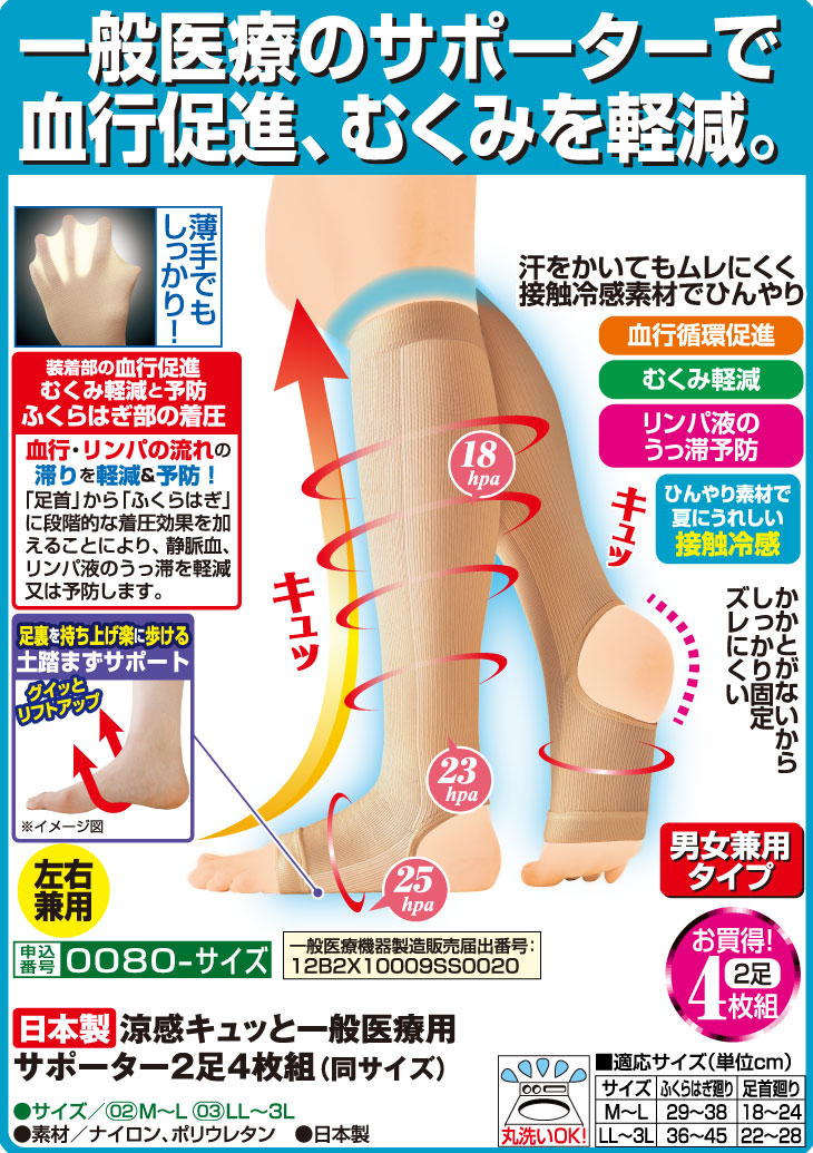 日本製 涼感キュッと一般医療用サポーター 同サイズ
