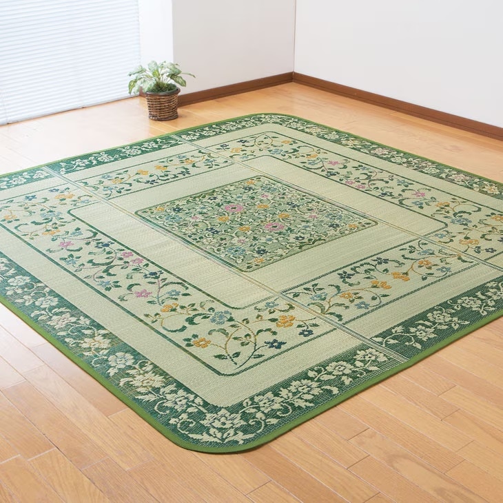 ふっくら い草 ラグマット/絨毯 【グリーン 約191cm×250cm】 日本製 イケヒコ い草 ラグ Fレヴィン 約191×250cm カーペット 組子柄 モダン