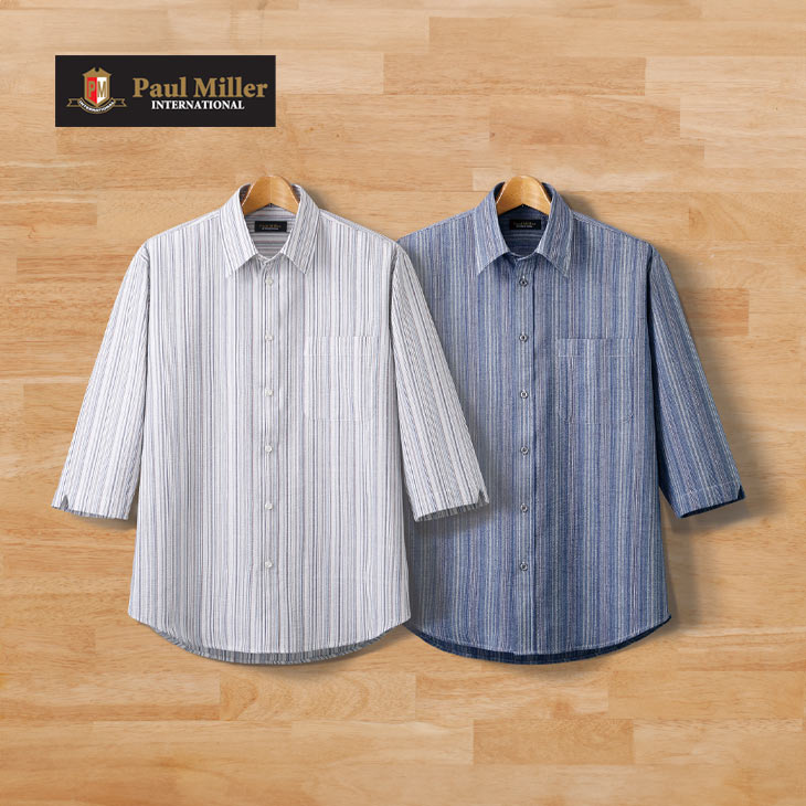 ポールミラー 麻混しじらストライプ7分袖シャツ2色組 同サイズ