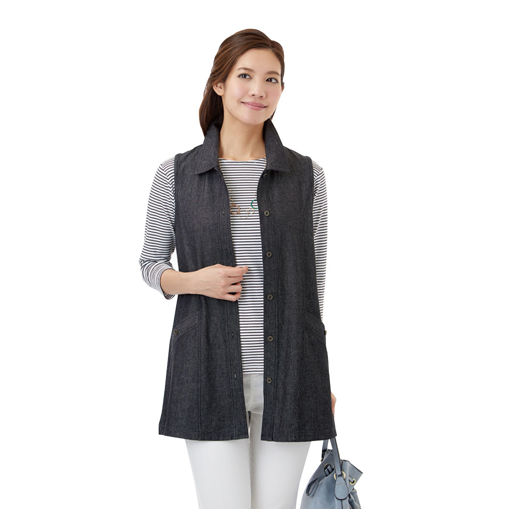 すっきり見えるデニムロングベスト