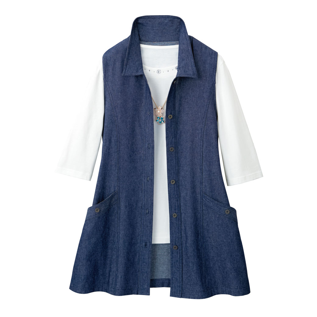 すっきり見えるデニムロングベスト