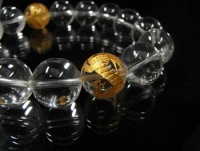 【龍・ゴールド】 手彫金龍水晶（2玉）ブレスレット 14mm玉|水晶彫り物ブレスレット|水晶（クリスタル・クォーツ）