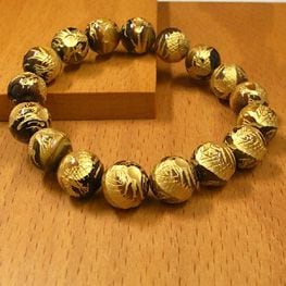 龍・ゴールド】 全手彫金龍タイガーアイブレスレット 12mm玉｜最高級