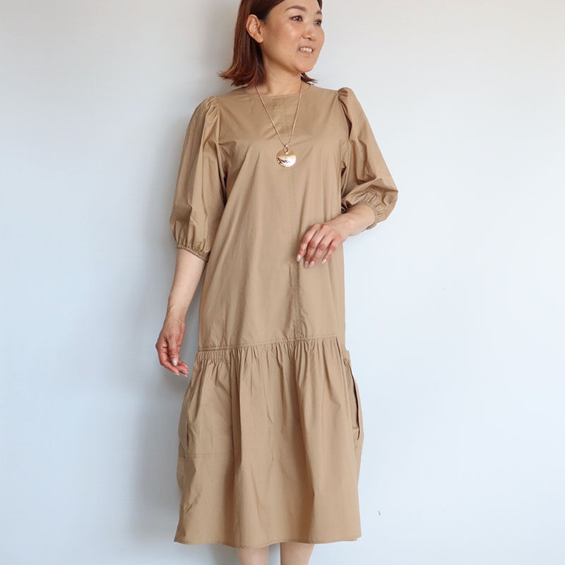 45R ヘビーコットンノーカラーワンピース　ギャザー　ブラウンミックス 45R ヘビーコットンノーカラーワンピース ギャザー ブラウンミックス