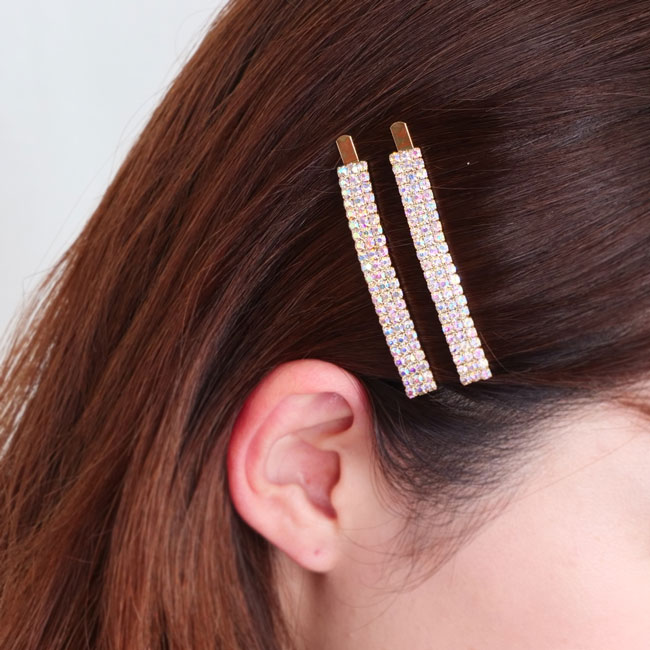 ワイド クリスタル ボビー ピン 2個セット (シルバー)