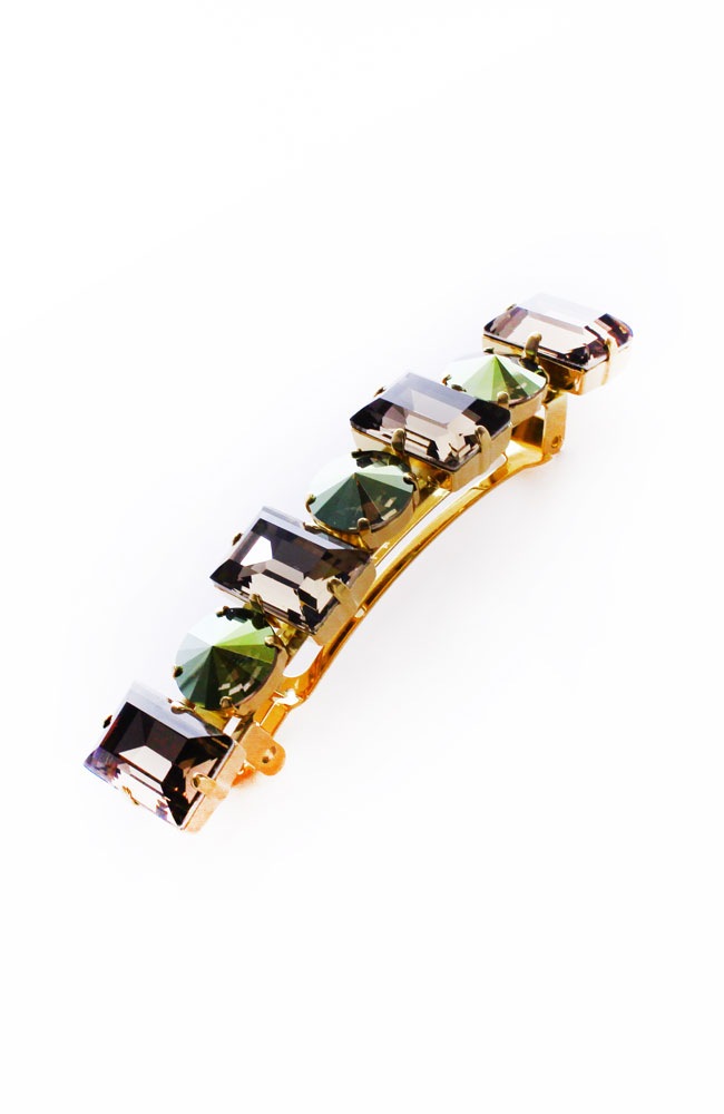 ラージ シエナ クリスタル バレッタ （スモーキー クオーツ/イリディセント グリーン/ ゴールド）