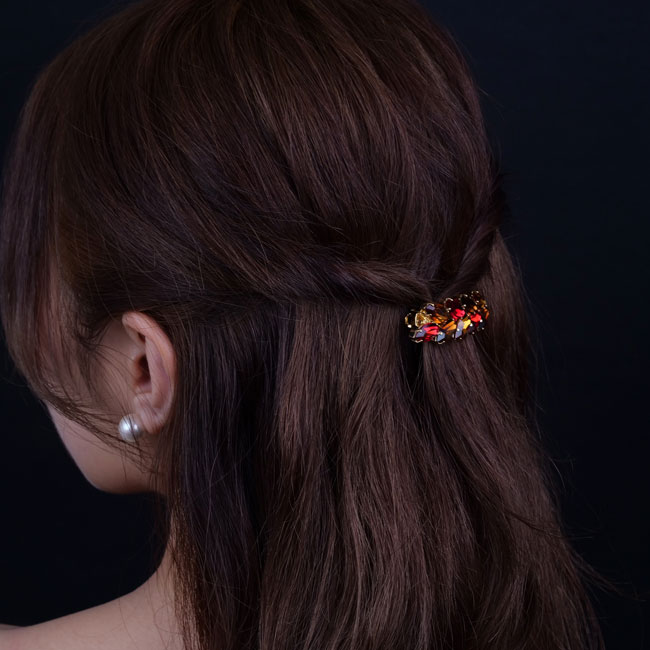 スモール アイビー クリスタル バレッタ (スカーレット/ライトアンバー/スモークドアンバー)