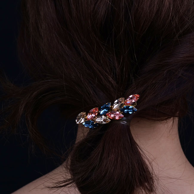 スモール アイビー クリスタル バレッタ(ローズピーチ/デニムブルー/ライトシルク)