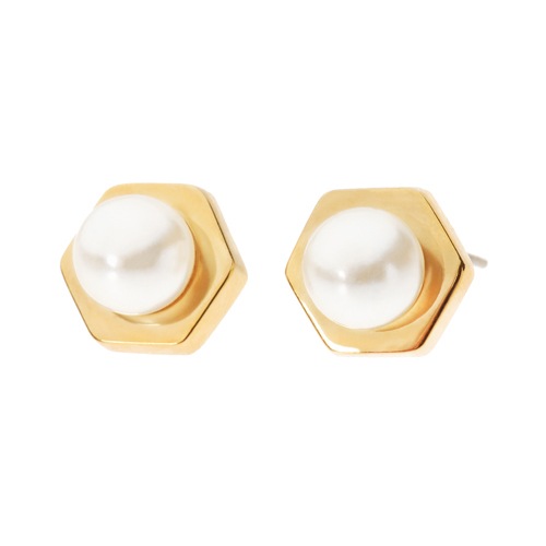 ヘキサゴン パール スタッズ ピアス (ゴールド)