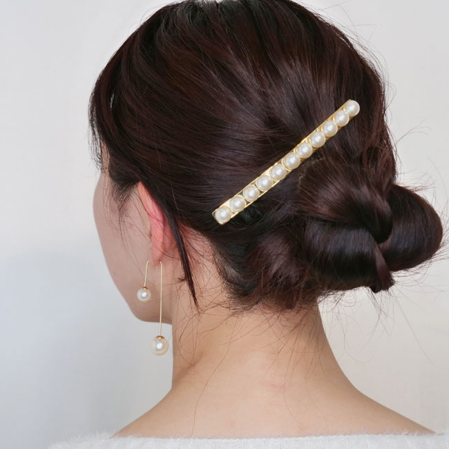 パール & メタル ロング & スキニー バレッタ (ゴールド)
