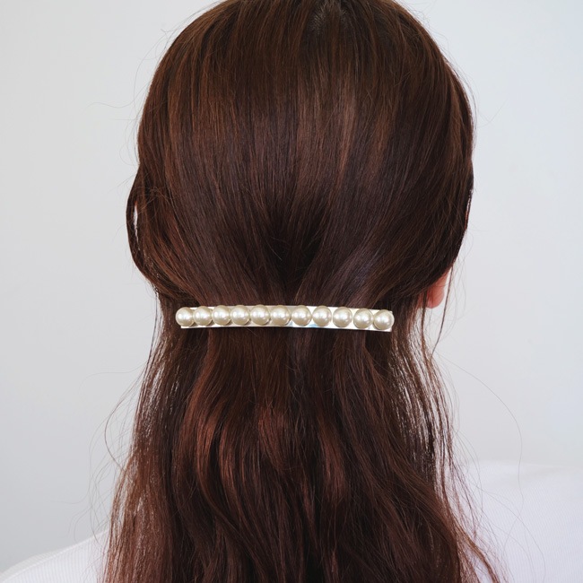 パール & メタル ロング & スキニー バレッタ (シルバー)