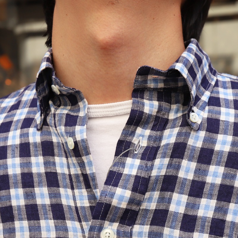 SOUTIENCOL/���ƥ����󥳥� RE-MAKE POLO CANCLINI LINEN BLUE CHECK ��ᥤ���ݥ�