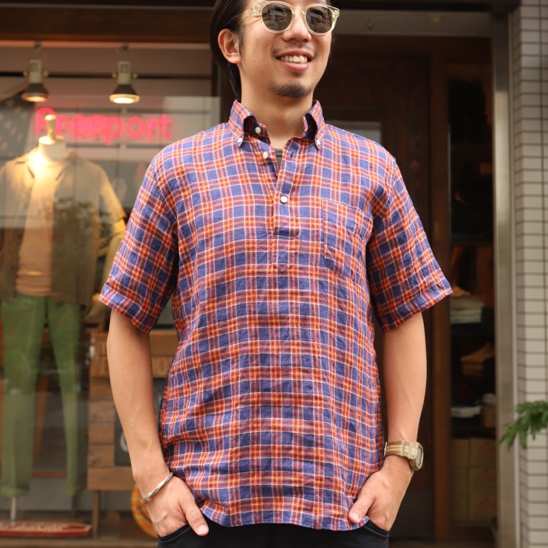 SOUTIENCOL RE-MAKE POLO -H CANCLINI LINEN ORANGE NAVY CHECK/���ƥ����󥳥� ��ᥤ���ݥ� �ϡ��ե��꡼�� 211220