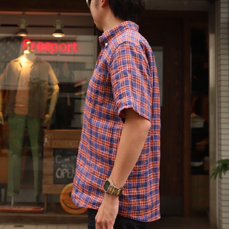 SOUTIENCOL RE-MAKE POLO -H CANCLINI LINEN ORANGE NAVY CHECK/���ƥ����󥳥� ��ᥤ���ݥ� �ϡ��ե��꡼�� 211220