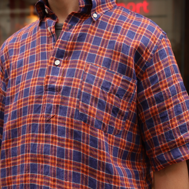 SOUTIENCOL RE-MAKE POLO -H CANCLINI LINEN ORANGE NAVY CHECK/���ƥ����󥳥� ��ᥤ���ݥ� �ϡ��ե��꡼�� 211220