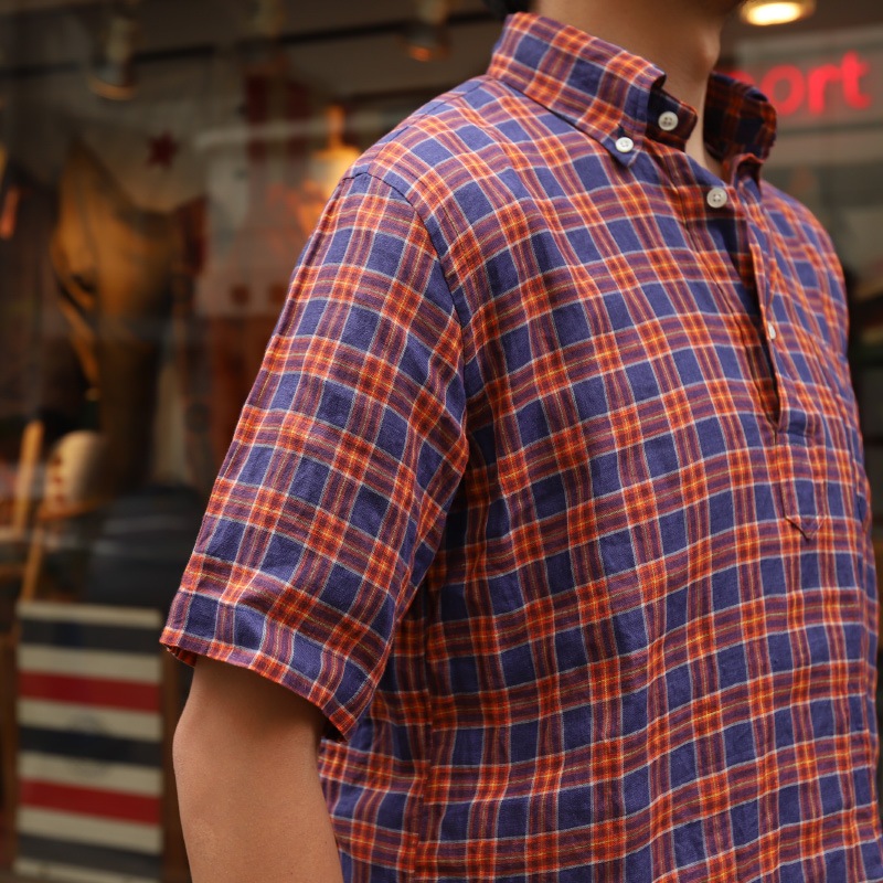 SOUTIENCOL RE-MAKE POLO -H CANCLINI LINEN ORANGE NAVY CHECK/���ƥ����󥳥� ��ᥤ���ݥ� �ϡ��ե��꡼�� 211220