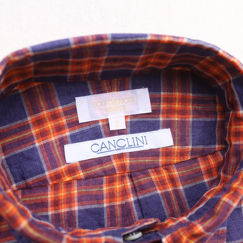 SOUTIENCOL RE-MAKE POLO -H CANCLINI LINEN ORANGE NAVY CHECK/���ƥ����󥳥� ��ᥤ���ݥ� �ϡ��ե��꡼�� 211220