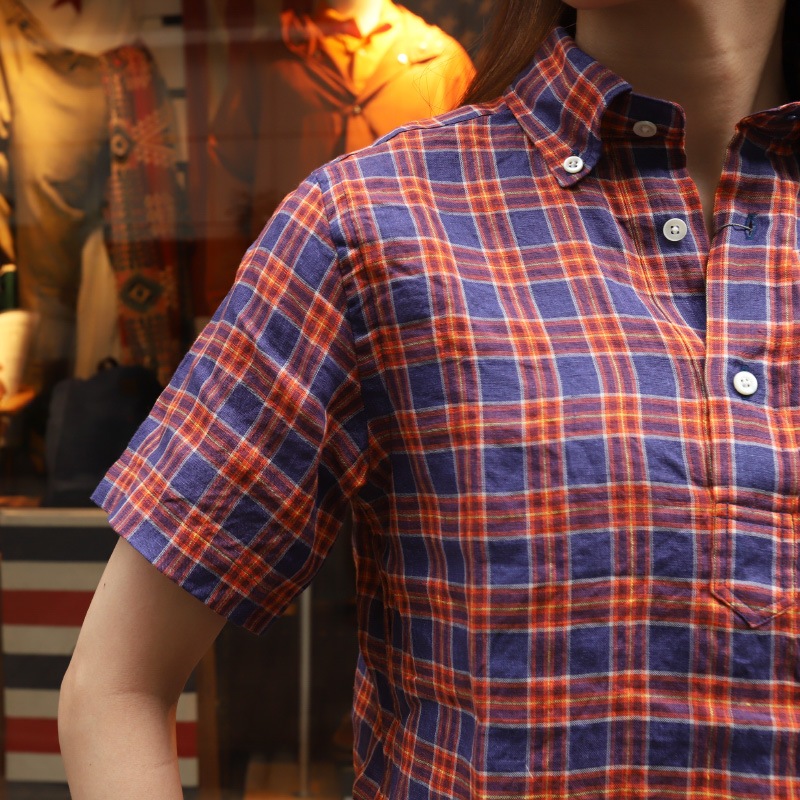 SOUTIENCOL RE-MAKE POLO -H LADY CANCLINI LINEN ORANGE NAVY CHECK/���ƥ����󥳥� ��ᥤ���ݥ� �ϡ��ե��꡼�� 211220Lady