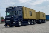 ͽ 01-4459 WSI 1/50  ˥ Van Suijdam SCANIA R HIGHLINE CR20H RIGED CONTAINER FRAME TRUCK 8X2 TAG AXLE RIGED TRUCK DRAWBAR WITH HOOKLIFT SYSTEM - 7 AXLE + 2X 20FT CONTAINER
