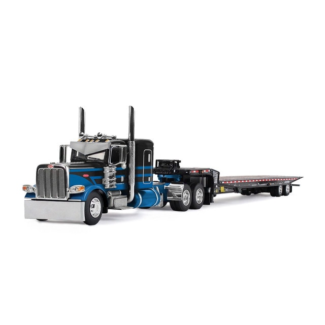 ͽ 60-2190 KILOworks  DCP 1/64  Peterbilt Model 389 with 48" Flat Top Sleeper & Landoll 440B-50CA Traveling Axle Trailer Blue/Black