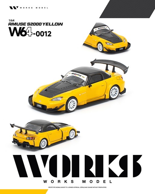 イエロー ミニカー キャラクター　みうらじゅんプロデュース説明カード付き 予約 W640012 Works Model 1/64 AMUSE S2000 YELLOW アミューズ S2000