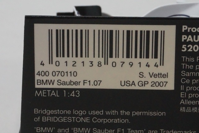 1/43 ミニチャンプス 400070110 BMW ザウバー F1 07 S.ベッテル