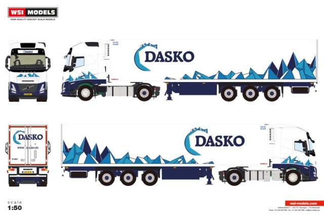 ͽ�� 01-4834 WSI 1/50   Dasko VOLVO FH AERO GLOBETROTTER XL 4X2 REEFER TRAILER - 3 AXLE