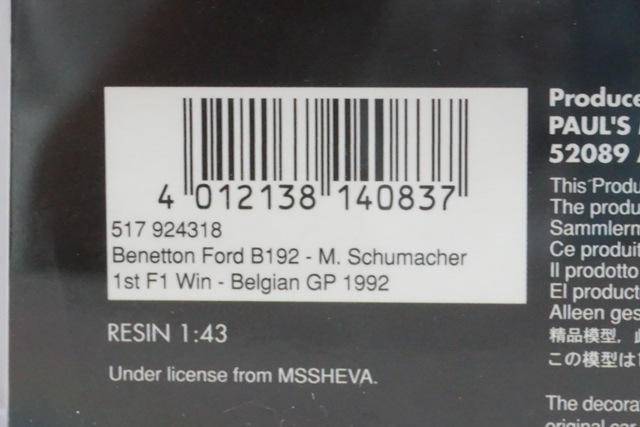 1/43 ߥ˥ץ 517924318 ٥ͥȥ ե B192 ٥륮GP F1ͥ졼 M.塼ޥå 1992 #19 