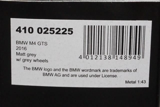 1/43 ミニチャンプス 410025225 BMW M4 GTS 2016 マットグレー/グレー