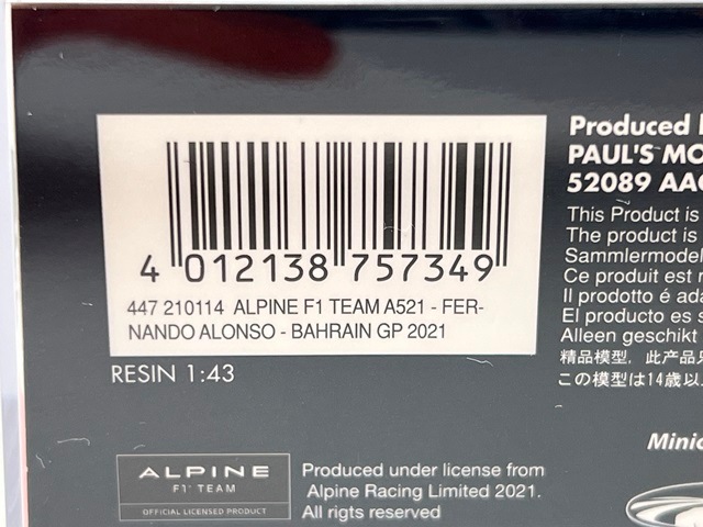 1/43 �ߥ˥����ץ� 447210114 �ѥɥå����� ����ԡ��� F1������ A521 �С��졼��GP 2021 #14 F.������