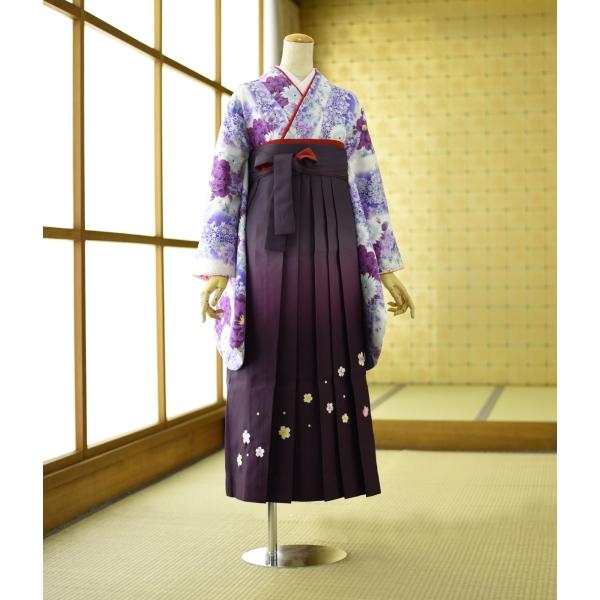 袴 レンタル 卒業式袴 女性 着物 白紫たてぼかしばら 袴 紫ぼかし花 