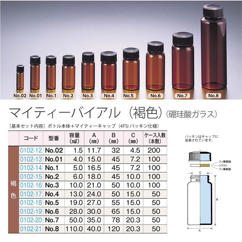 0102-20 マイティーバイアルNo.7褐色セット 50mL用 (50個入)