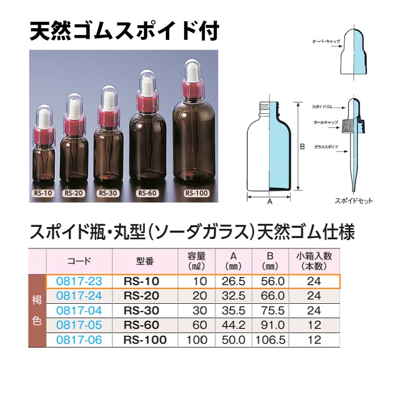 0817-23 スポイド瓶丸型　褐色　天然ゴムRS-10 …10mL用 (24個入)