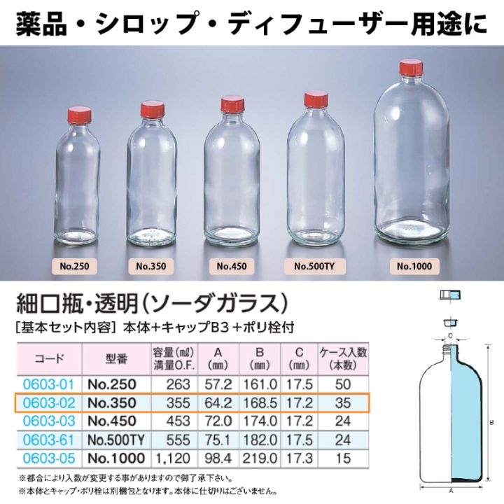 0603-02 細口瓶No.350セット透明 … (35個入)