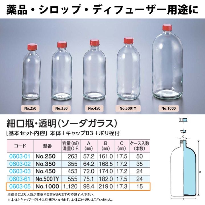 0603-05 細口瓶No.1000セット透明 … (15個入)