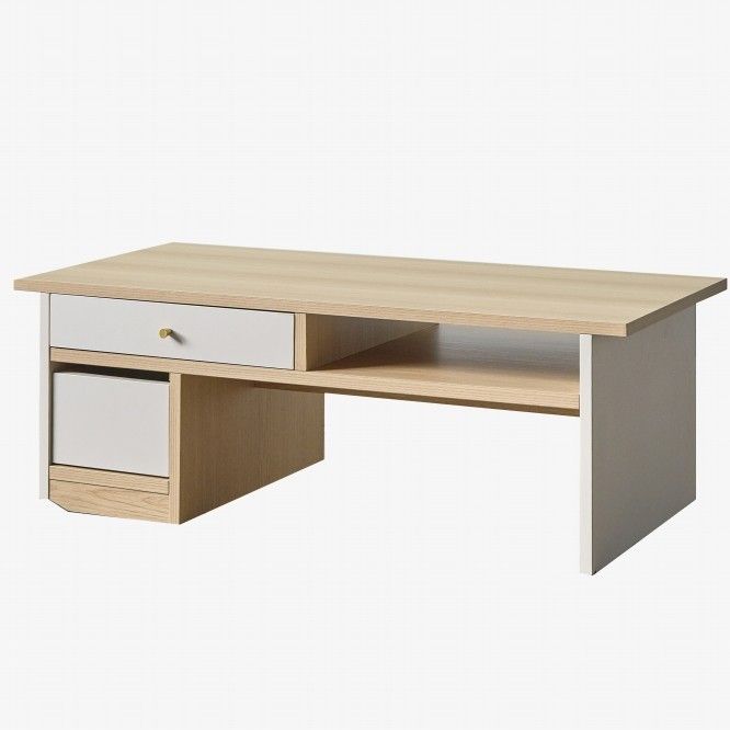 リビングテーブル　Lithe(リス)　　グレージュ/ナチュラル木目　両面引出し付き　メラミン天板　オープンスペース　