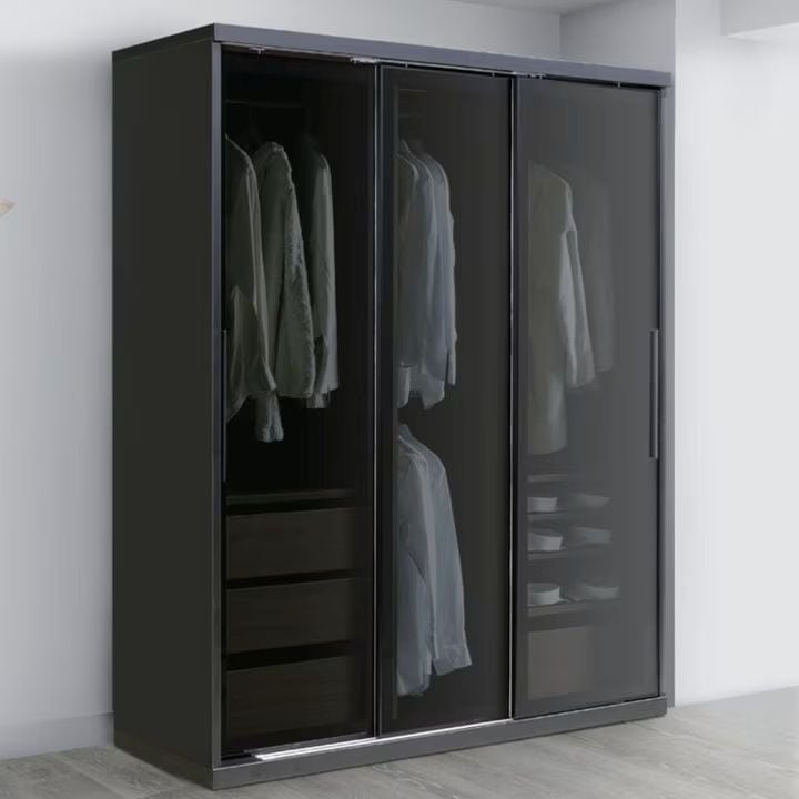 ワードローブ3枚スライド扉　レンネル　ブラック色/ホワイト色　幅161cm・幅182cm