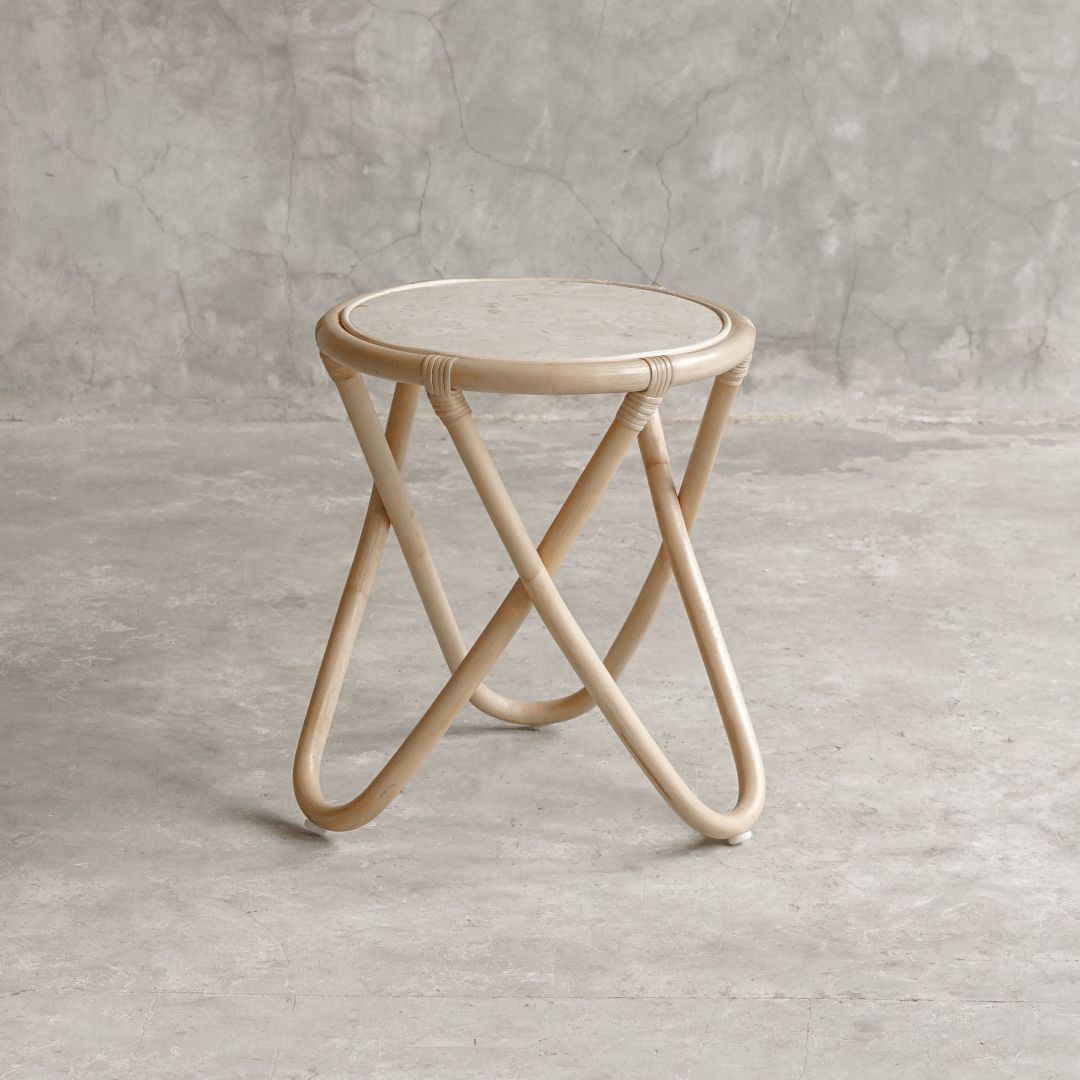 【ELEMENTS CONCEPT】Side Table Belize(ベリーズ) 　直径40cm　大理石/ラタン　ジャパンディ