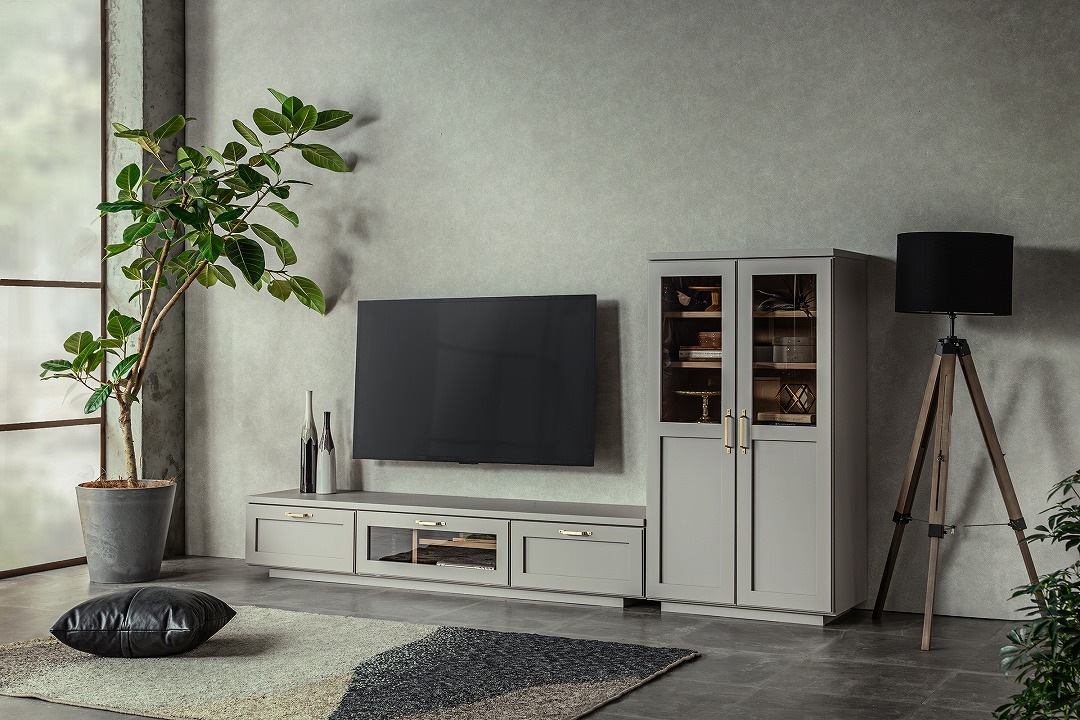 70キャビネット　【204-BE】　グレー色/真鍮ヘアライン取手/観音開き扉