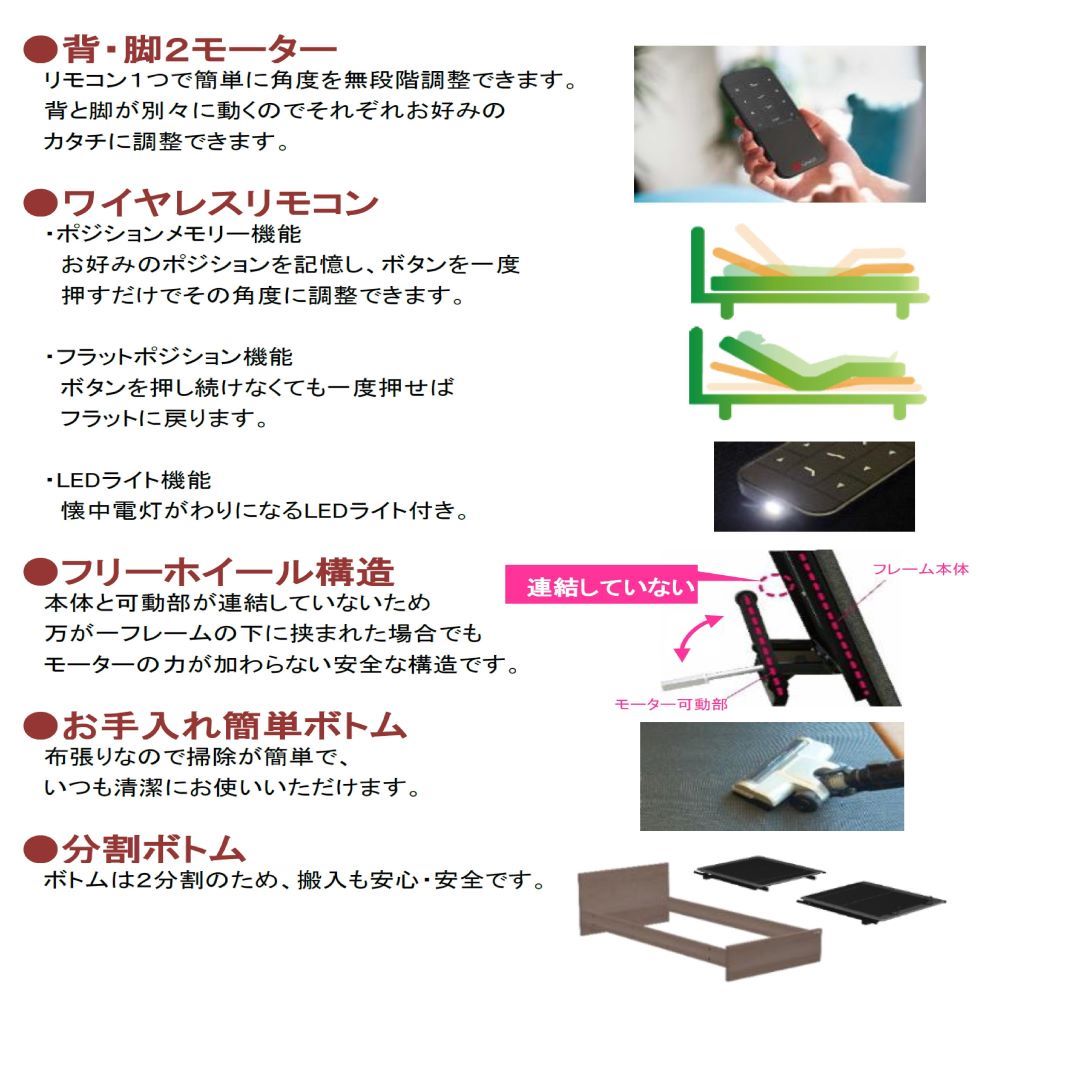 電動リクライニングベッドフレーム(非課税品) グランムーブプラス　シングルサイズ 2モータータイプ ワイヤレスリモコン付属