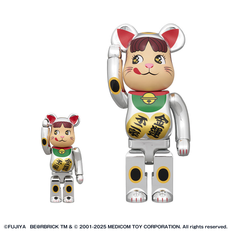 BE@RBRICK ペコちゃん フィギュア BE@RBRICK 招き猫 ペコちゃん 金運 ダブル小判 銀メッキ 100% & 400%の