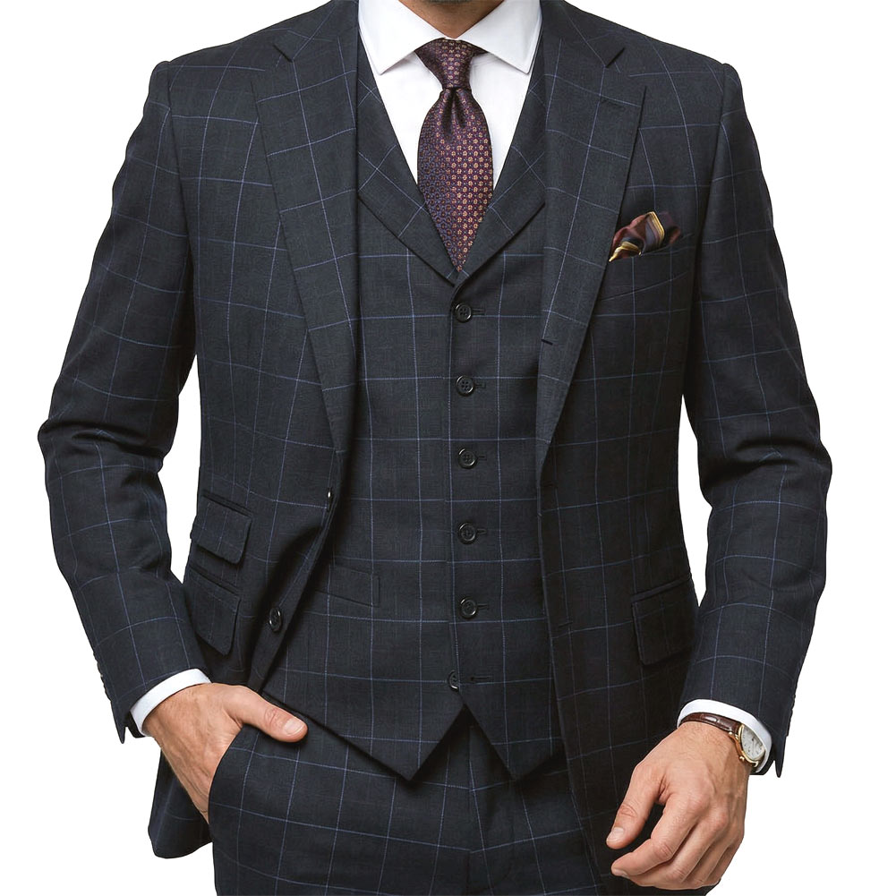 スーツ メンズ 春夏秋 スリーピース 3つボタン オックスフォードクラシック (OXFORD CLASSIC) 英国調 段返り三つボタン チェンジポケット付 シングルスーツ ビジネススーツ ネイビー オーバーペンチェック 紺 0088  AB4 